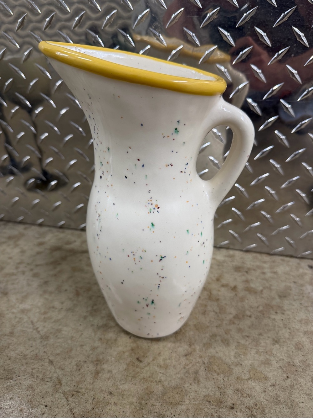 Vintage Julie Sanders Cyclamen Rainbow Speckle Pottery Pitcher Signed